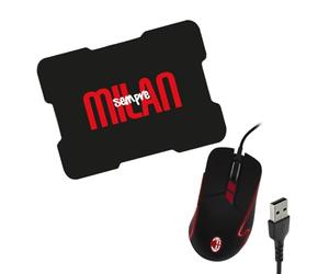 TECHMADE AC MILAN MOUSE USB CON FILO +MOUSEPAD GAMING COLORE ROSSO NERO PRODOTTO UFFICIALE COMBO MOUSE E TAPPETINO