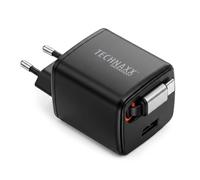 Technaxx Caricatore USB-C 30W GaN con USB-A e cavo integrato TX-365 | 30W GaN, USB-C e USB-A, PPS, cavo USB-C integrato, ricarica di due dispositivi, smartphone, tablet, notebook