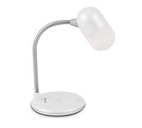 TechniSat VIOLA Lampada da tavolo LED con streaming audio Bluetooth | Ricarica wireless smartphone, speaker mono 3 W, 3 colori luce, dimmerabile, collo flessibile, bianco
