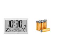 techno line WS8016 WS 8016 - Orologio da parete radiocontrollato con indicatore di temperatura, in plastica, colore: argento, 225 x 143 x 24 mm + Amazon basics confezione da 8 AA