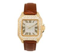 Techno Pave Orologio da uomo con cinturino in pelle ghiacciata da 32 mm, forma quadrata, quadrante romano, stile hip-hop di lusso, Marrone dorato., mens-standard