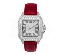 Techno Pave Orologio da uomo con cinturino in pelle ghiacciata da 32 mm, forma quadrata, quadrante romano, stile hip-hop di lusso, Argento e rosso., mens-standard