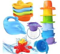 TECHNOK Giocattoli da bagno per bambini, 12 bicchieri impilabili arcobaleno con barattoli da bagno, treno e annaffiatoio per bambini piccoli, giocattoli da bagno in plastica impilabili, giocattoli da