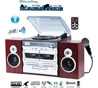 TechPlay Karaoke abilitato, 30 W RMS, giradischi classico retrò, NFC Bluetooth, doppio lettore musicassette/registratore, lettore CD MP3, porte USB SD, sveglia digitale AM/FM e telecomando completo