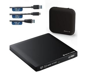 techPulse120 Masterizzatore esterno UltraHD UHD 4k 3D M-DISC BDXL HDR10 100GB USB 3.0 & USB-C, masterizzatore Burner Superdrive UltraSlim BD DVD CD CD Ultra Pack custodia 90cm cavo alluminio nero