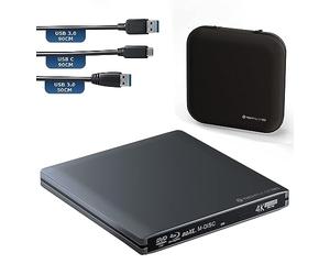 techPulse120 - Masterizzatore esterno UltraHD UHD 4k 3D M-DISC BDXL HDR10 100GB USB 3.0 & USB-C, masterizzatore Burner Superdrive UltraSlim BD DVD CD CD Ultra Pack Custodia 90cm cavo di collegamento
