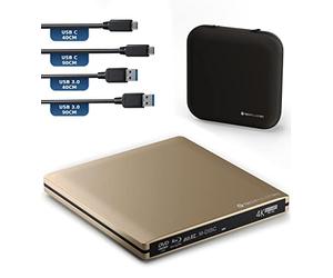 techPulse120 Masterizzatore esterno USB 3.1 USB-C UHD 4k 3D M-DISC Blu-ray DVD CD BDXL HDR10 128GB masterizzatore Burner Superdrive BD Imperator borsa 90 cm cavo alluminio Oro