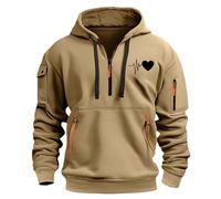Techwear - Felpa con cappuccio da uomo, con stampa a forma di cuore, per autunno e inverno, a maniche lunghe, multi tasche, con cappuccio, per attività all'aperto, comode, grandi e alte, cachi, L