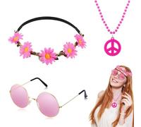 TECKI Set di Accessori Hippie Rosa (3 Pcs) - Collana con Segno Della Pace, Corona di Fiori, Occhiali da Sole Rosa, Costume Festa, Abiti Hippie Donna, Abiti Carnevale Donna, Accessori Anni 60 Anni 70
