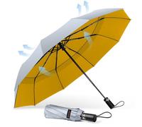TECKNET Ombrello Pieghevole Antivento, Grande Portatile Pioggia da 10 Ossa, Automatico Viaggio Umbrella Doppio Baldacchino Antivento Impermeabile per Uomo Donna, Diametro 104 cm, Argento e Giallo