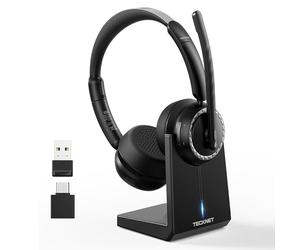 TECKNET V5.3 - Cuffie Bluetooth con microfono, cuffie wireless con microfono AI cancellazione del rumore, stazione di ricarica, dongle USB, batteria 55+ ore, ricaricabili, per ufficio, casa