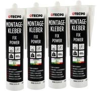 TECPO Colla di montaggio Fix Power, 4 x 480 g, universale per edilizia, 200 kg, 10 cm², per pannelli acustici, polistirolo, battiscopa, interni ed esterni, incollaggio rapido senza primer