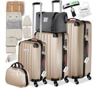 tectake® 3x Valigia, Set Valigie M, L, XL, 3 Trolley, Beauty Case, Etichette, Lucchetto TSA, Pesabagagli, Maniglia telescopica, Ruote Rimovibili, Tasca Rete, Cinghie, 3 Cubi Portaoggetti - Champagne