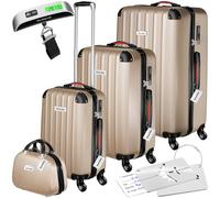tectake® 3x Valigia, Set Valigie M, L, XL, 3 Trolley con Beauty Case, 4 Etichette, Lucchetto TSA, Pesabagagli, Maniglia telescopica, Ruote Rimovibili, Tasca in Rete, Cinghie - Champagne
