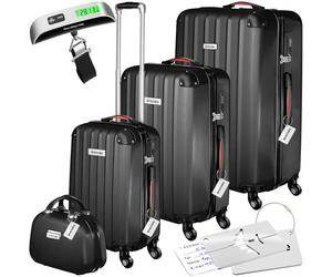 tectake® 3x Valigia, Set Valigie M, L, XL, 3 Trolley con Beauty Case, 4 Etichette, Lucchetto TSA, Pesabagagli, Maniglia telescopica, Ruote Rimovibili, Tasca in Rete, Cinghie - Nero