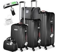 tectake® 3x Valigia, Set Valigie M, L, XL, 3 Trolley con Beauty Case, Etichette, Lucchetto TSA, Pesabagagli, Maniglia telescopica, Ruote Rimovibili, Tasca in Rete, Cinghie, 3 Cubi Portaoggetti - Nero