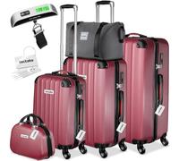 tectake® 3x Valigia, Set Valigie M, L, XL, 3 Trolley con Beauty Case, Etichette, Lucchetto TSA, Pesabagagli, Maniglia telescopica, Ruote Rimovibili, Tasca in Rete, Cinghie, 3 Cubi Portaoggetti - Rosso