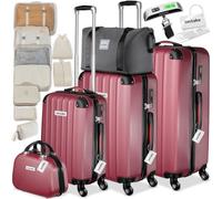 tectake® 3x Valigia, Set Valigie M, L, XL, 3 Trolley con Beauty Case, Etichette, Lucchetto TSA, Pesabagagli, Maniglia telescopica, Ruote Rimovibili, Tasca in Rete, Cinghie, 3 Cubi Portaoggetti - Rosso