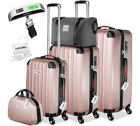 tectake® 3x Valigia, Set Valigie M, L, XL, 3 Trolley con Beauty Case, Etichette, Lucchetto TSA, Pesabagagli, Maniglia telescopica, Ruote Rimovibili, Tasca in Rete, Cinghie, 3 Cubi Portaoggetti - Rosa