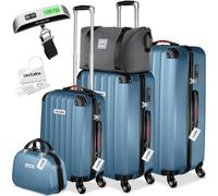 tectake® 3x Valigia, Set Valigie M, L, XL, 3 Trolley con Beauty Case, Etichette, Lucchetto TSA, Pesabagagli, Maniglia telescopica, Ruote Rimovibili, Tasca in Rete, Cinghie, 3 Cubi Portaoggetti - Blu