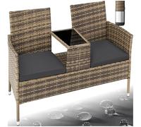 TecTake 800168 Panca da giardino in polyrattan con tavolino, Rivestimenti di colore beige, Tavolo con vera lastra in vetro (naturale/grigio scuro)