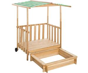 tectake 800792 Recinto di Sabbia per Bambini, Sabbiera per Esterni Giardino, Veranda in Legno, Casetta di Gioco, Parasole, Ruote da Trasporto -Disponibile in Diversi Colori (Verde)