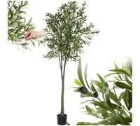 tectake® Albero di Ulivo Artificiale, Foglie Dettagliate con Olive Realistiche, Vaso Stabile in Plastica, Decorazione per Soggiorno, Ufficio e Interni, Facile da Pulire - 210 cm