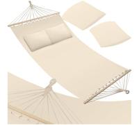 tectake® Amaca per Due Persone, Barra in Legno, Con 2 Cuscini Morbidi, Comoda e Resistente, Arredamento Esterno, Campeggio, Escursioni, Balcone, Beige, Capacità 240 kg - Beige