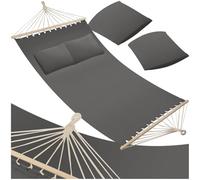 tectake® Amaca per Due Persone, Barra in Legno, Con 2 Cuscini Morbidi, Comoda e Resistente, Arredamento Esterno, Campeggio, Escursioni, Balcone, Beige, Capacità 240 kg - Grigio Scuro