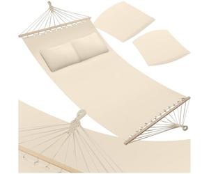 tectake® Amaca per Due Persone, Barra in Legno, Con 2 Cuscini Morbidi, Comoda e Resistente, Arredamento Esterno, Campeggio, Escursioni, Balcone, Beige, Capacità 240 kg - Beige