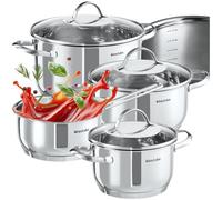 tectake® Batteria di Pentole 7 Pezzi in Acciaio Inox per Induzione, Gas | Casseruola con Manico, 3 Coperchi in Vetro, Sfiato Vapore, Fondo a Spirale, Scala Graduata, Adatte Lavastoviglie, Argento