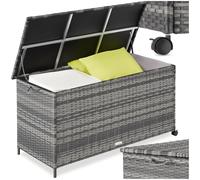 tectake® Box Contenitore da Esterno, 116 x 54 x 64 cm, 253 L, Mobile da Giardino con Intreccio in Polyrattan, Telaio in Alluminio, Coperchio Rinforzato, Pratica Maniglia, Rotelle Girevoli- Grigio