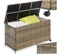 tectake® Box Contenitore da Esterno, 116 x 54 x 64 cm, 253 L, Mobile da Giardino con Intreccio in Polyrattan, Telaio in Alluminio, Coperchio Rinforzato, Pratica Maniglia, Rotelle Girevoli- Naturale