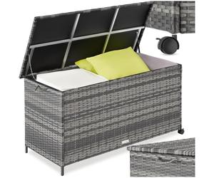 tectake® Box Contenitore da Esterno, 116 x 54 x 64 cm, 253 L, Mobile da Giardino con Intreccio in Polyrattan, Telaio in Alluminio, Coperchio Rinforzato, Pratica Maniglia, Rotelle Girevoli- Grigio