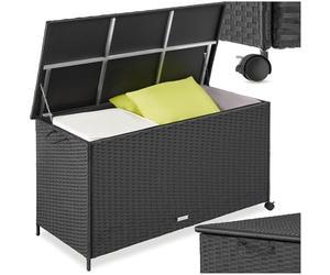 tectake® Box Contenitore da Esterno, 116 x 54 x 64 cm, 253 L, Mobile da Giardino con Intreccio in Polyrattan, Telaio in Alluminio, Coperchio Rinforzato, Pratica Maniglia, Rotelle Girevoli- Nero