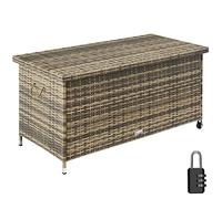 TecTake® Box Contenitore da Esterno, Telaio in Acciaio, Intreccio in Polyrattan, Pratiche Maniglie, Rotelle, Tasca Estraibile, Chiusura a Combinazione, 120x55x61,5cm, 270 L - Naturale