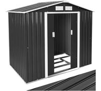 tectake® Casetta da Giardino in Lamiera, Box con Tetto a Doppia Falda, Box da Giardino per Esterno con Porta Scorrevole, Lamiera in Acciaio, Fodamenta in Metallo - Grigio/Bianco