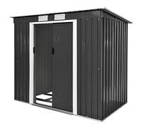 tectake® Casetta da Giardino in Lamiera, Box con Tetto Inclinato, Box da Giardino per Esterno con Porta Scorrevole, Lamiera in Acciaio, Fondamenta in Metallo - Grigio/Bianco