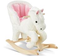 tectake® Cavallo a Dondolo per Bambini dai 18 Mesi, Unicorno Bianco Cavalluccio Dondolo Neonati in Peluche Morbido, Struttura in Acciaio, Cintura di Sicurezza, con Suoni, Maniglie Poggiapiedi in Legno