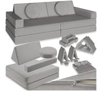 TecTake® Divano Modulare da Gioco 8 Pezzi, Divanetto per Bambini con Imbottitura in Gommapiuma, Tessuto di Lino, Coperture Rimovibili, Funzione Letto, Impilabile, 120 cm - Grigio