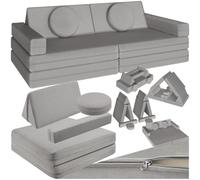 TecTake® Divano Modulare da Gioco 8 Pezzi, Divanetto per Bambini con Imbottitura in Gommapiuma, Tessuto di Lino, Coperture Rimovibili, Funzione Letto, Impilabile, 160 cm - Grigio