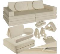 TecTake® Divano Modulare da Gioco 8 Pezzi, Divanetto per Bambini con Imbottitura in Gommapiuma, Tessuto di Lino, Coperture Rimovibili, Funzione Letto, Impilabile, 160 cm - Beige
