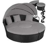 tectake® Isola Prendisole in Rattan, Isola Divano da Esterno con Tettuccio Parasole Pieghevole, Morbidi Cuscini, Componibile, Tavolino e Lettino, Resistente ai Raggi UV, per Giardino - Nero