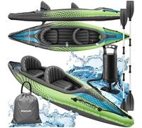 tectake® Kayak Gonfiabile per 2 Persone, 2 Remi, 2 Pinne Inseribili, 3 Camere d'Aria, Pompa a Doppio Effetto, Sedili Rimovibili, Reti di Trasporto, Kit di Riparazione - Verde