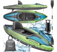 tectake® Kayak Gonfiabile Singolo con Sedile Removibile, Set con Borsa da Trasporto, 2 Pinne Inseribili, Pagaia Doppia, 3 Camere D'Aria, 3 Valvole Boston, Pompa a Doppio Effetto - Verde