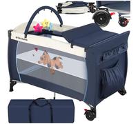 tectake® Lettino da Viaggio Bambini con Fasciatoio, Lettino Pieghevole con Borsa, per Neonato, Portatile con Ruote, Letto Bambini Richiudibile, 132 x 75 x 104 cm - Beige