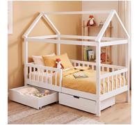 tectake® Lettino per Bambini in Legno, 80x160 cm, Protezione Anticaduta | Rete a Doghe Inclusa, Legno Massello di Pino, 2 Cassetti con Rotelle, Design a Casetta Ispirato al Metodo Montessori, Bianco
