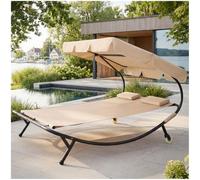 tectake® Lettino Prendisole Doppio con 2 Cuscini da Esterno, Robusto Telaio in Metallo, Comode Rotelle, Tenda da Sole Pieghevole, Resistente agli Agenti Atmosferici - Nero/Beige