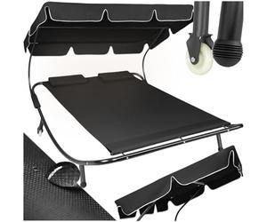 tectake® Lettino Prendisole Doppio con 2 Cuscini da Esterno, Robusto Telaio in Metallo, Comode Rotelle, Tenda da Sole Pieghevole, Resistente agli Agenti Atmosferici - Nero/Nero