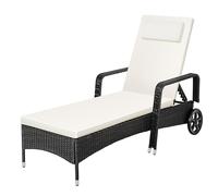 tectake® Lettino Prendisole in Rattan, Robusto, Resistente ai Raggi UV | Schienale Regolabile in 6 Posizioni, Cuscino Rimovibile, con Ruote, 200 x 70 x 33 cm, Capacità di Carico 150 kg, Nero